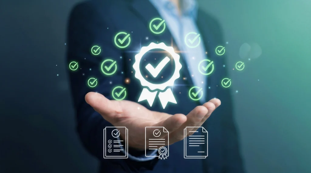 Digitales Prüfsiegel mit Häkchen über einer ausgestreckten Hand als Symbol für die erneute ISO-Zertifizierung von A&O Fischer.